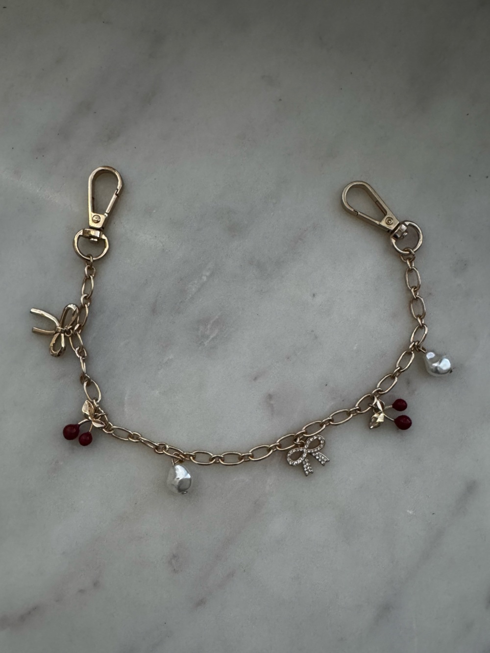 Gold Tone Bag Charm Red Beads and Pearls